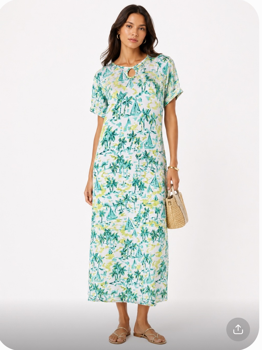 QUACKER FACTORY Tropical Palm Print Keyhole Maxi Dress - White & Green